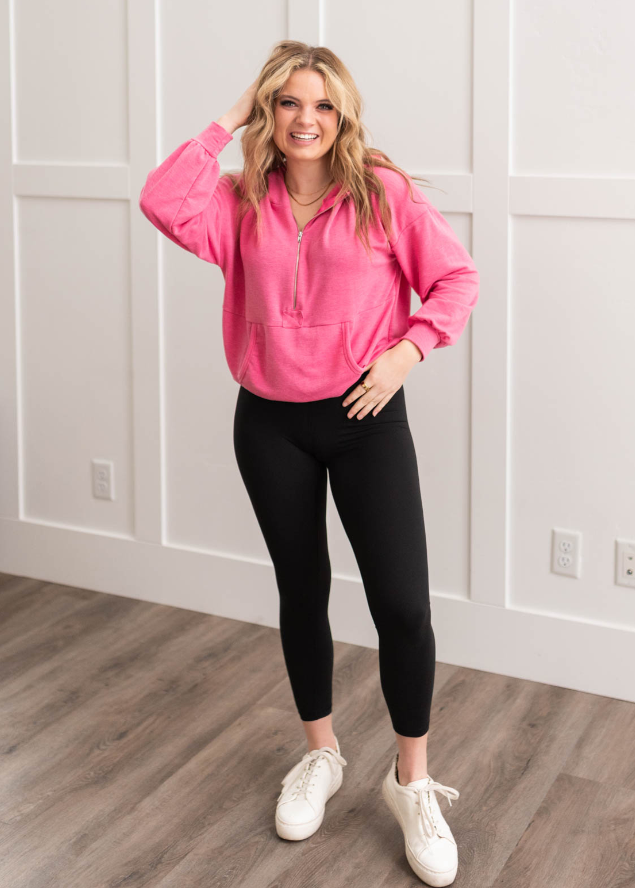 Long sleeve hot pink half zip pullover