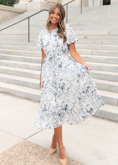 Small blue floral pleated dress