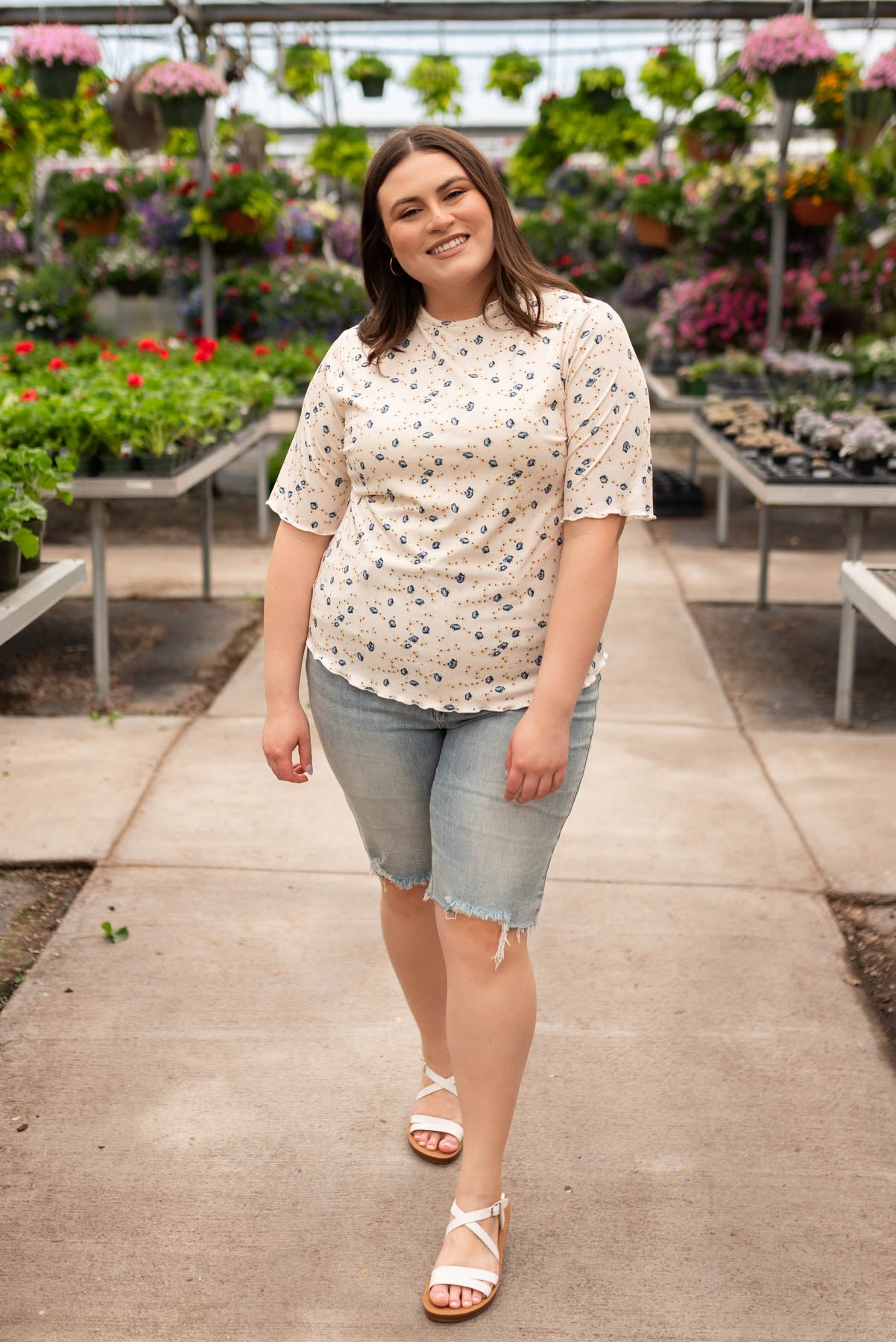 Plus size short sleeve cream floral top