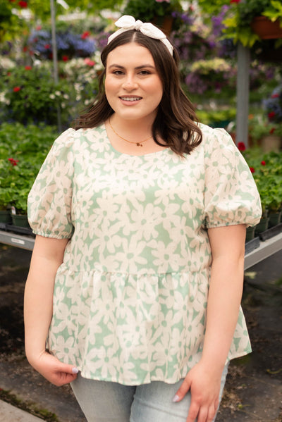 Green floral blouse