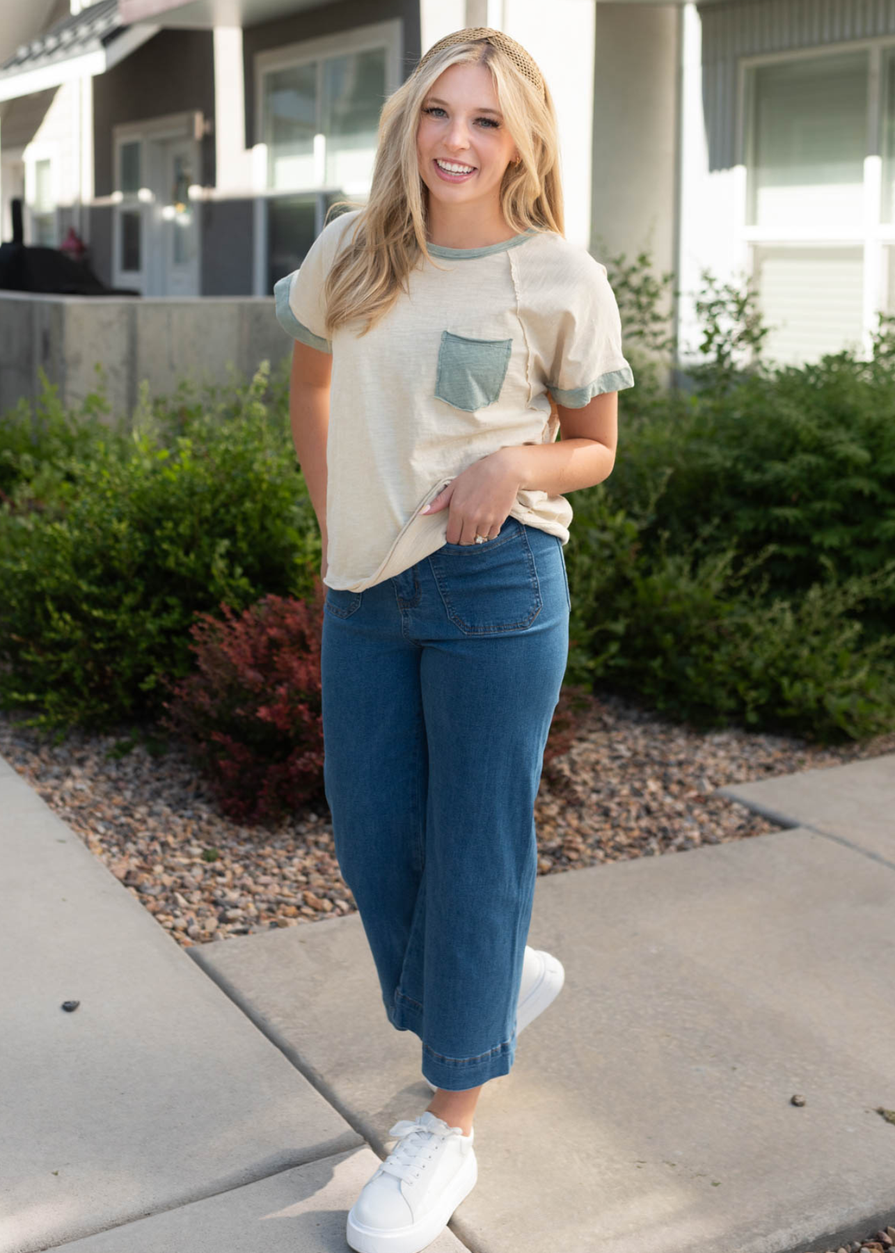 Cream sage pocket top with short sleeves