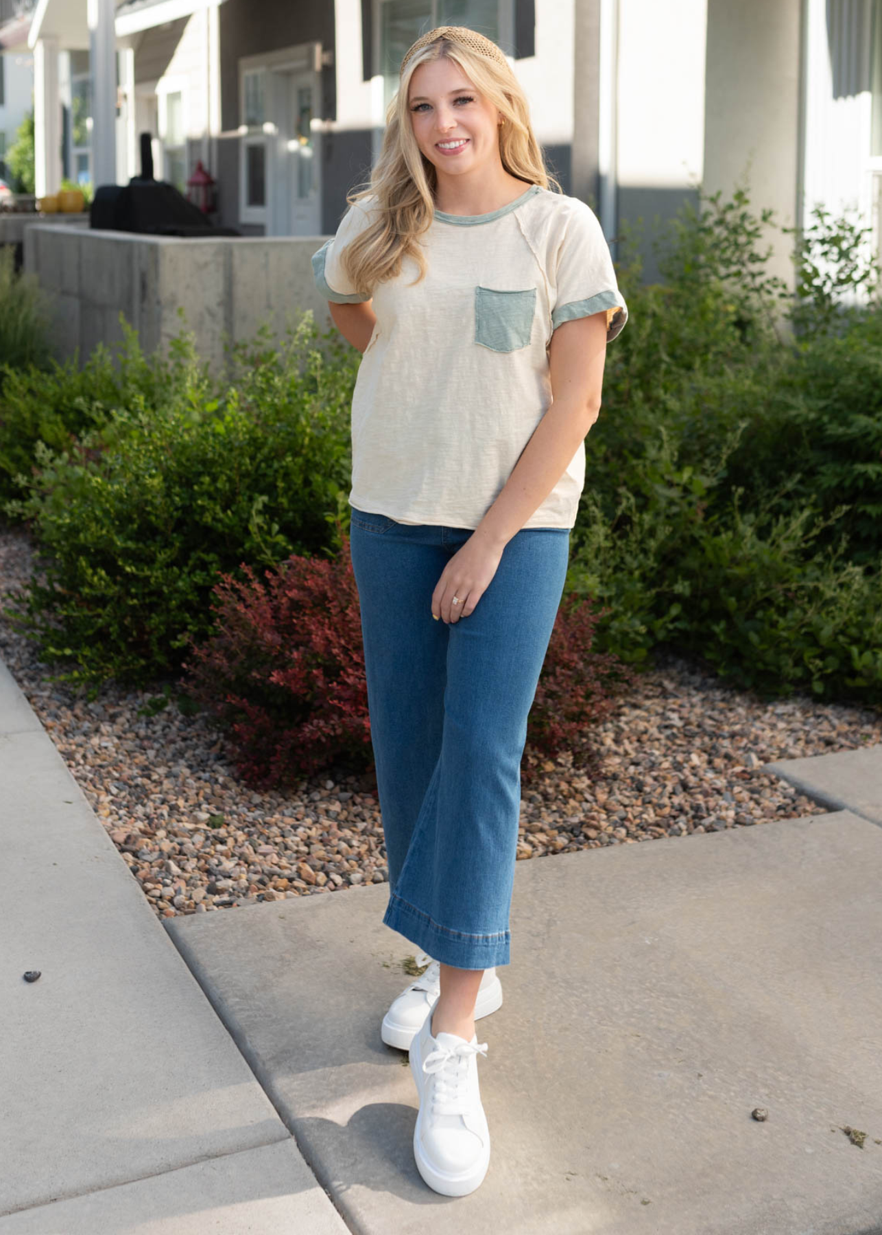 Short sleeve cream sage pocket top