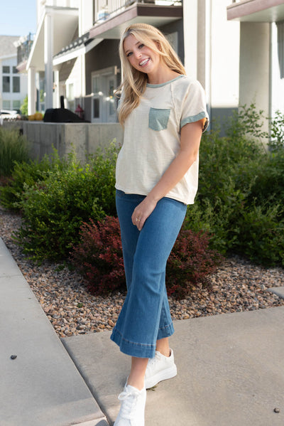 Cream sage pocket top with crew neck