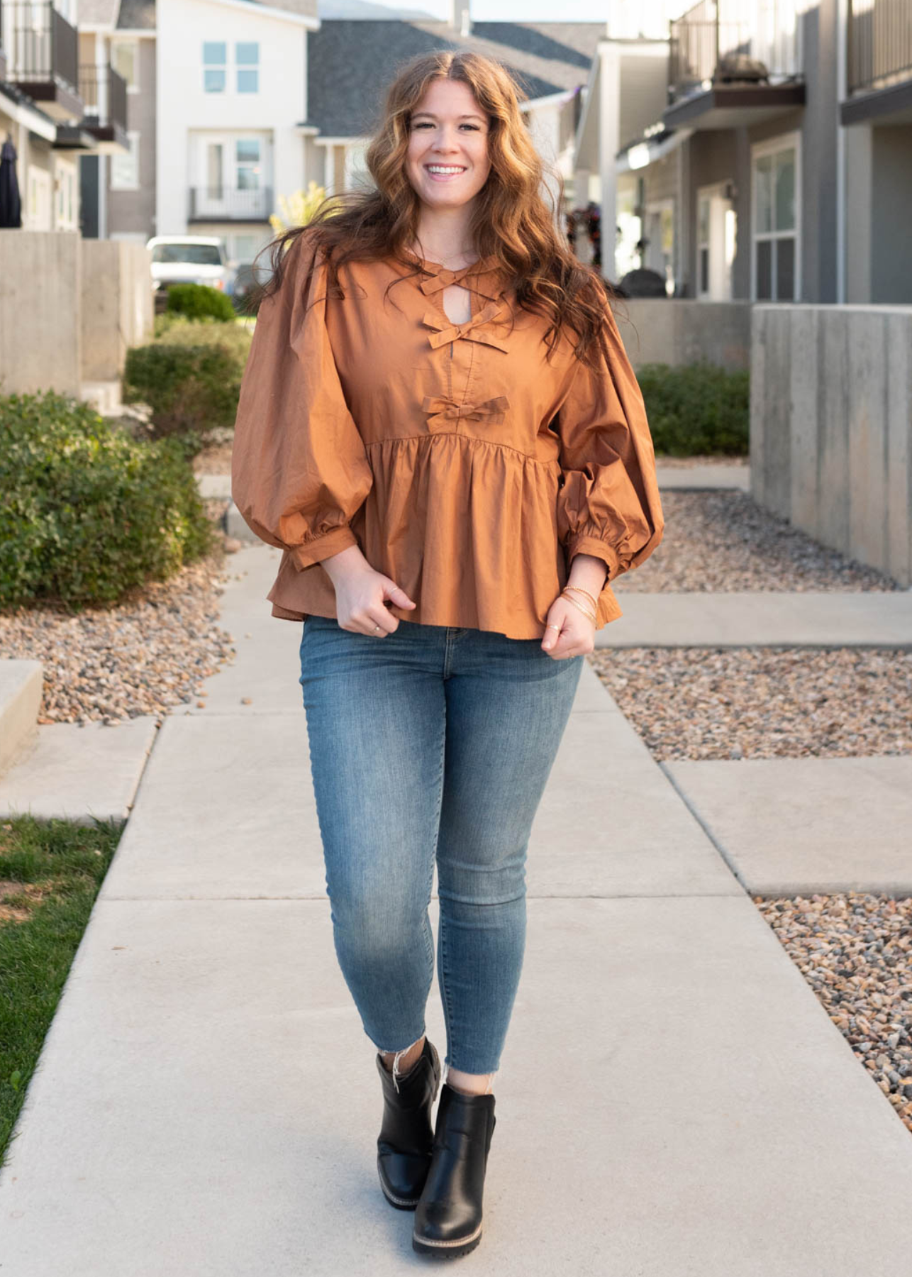 Toffee bow top with long sleeves in plus sizes