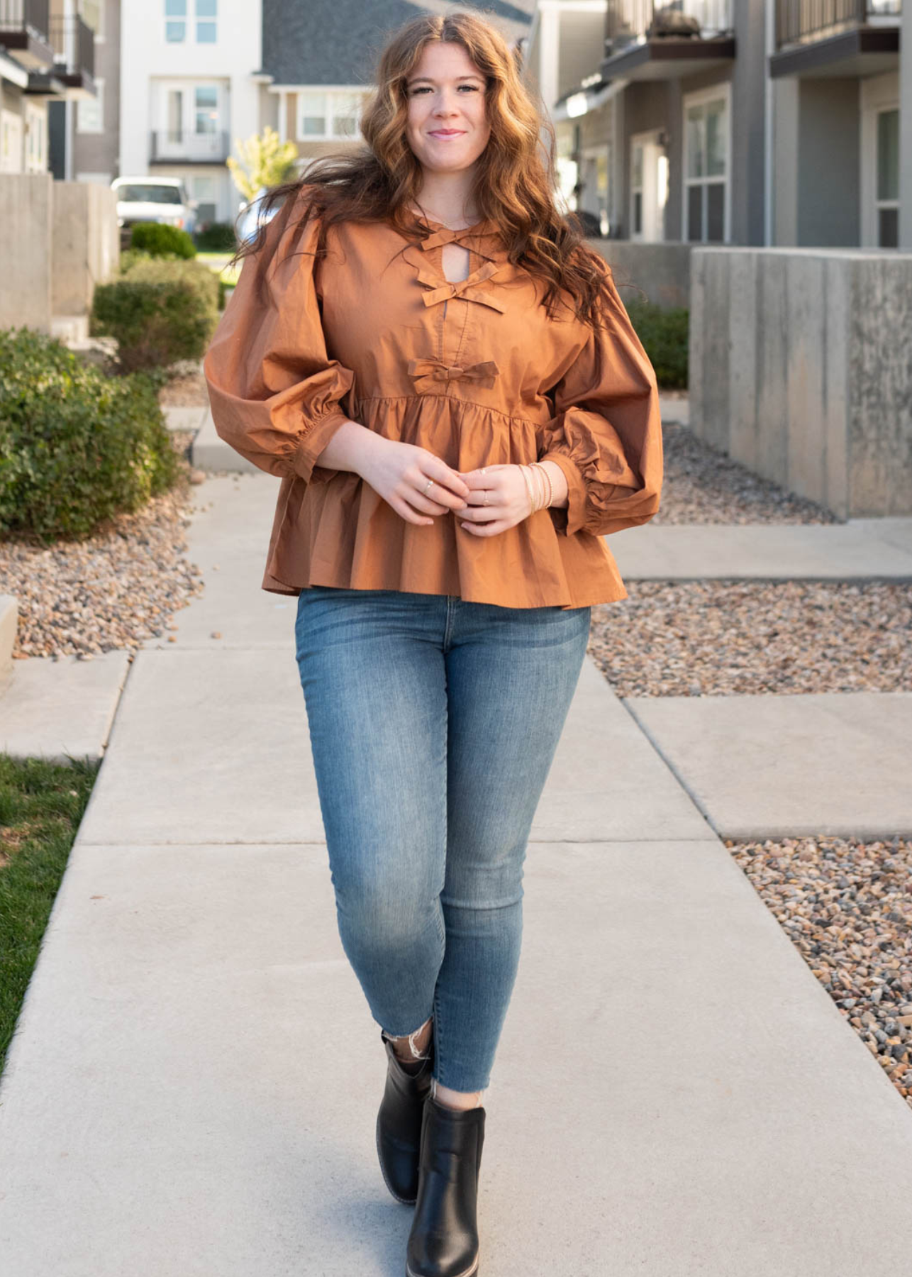 Long sleeve plus size toffee bow top