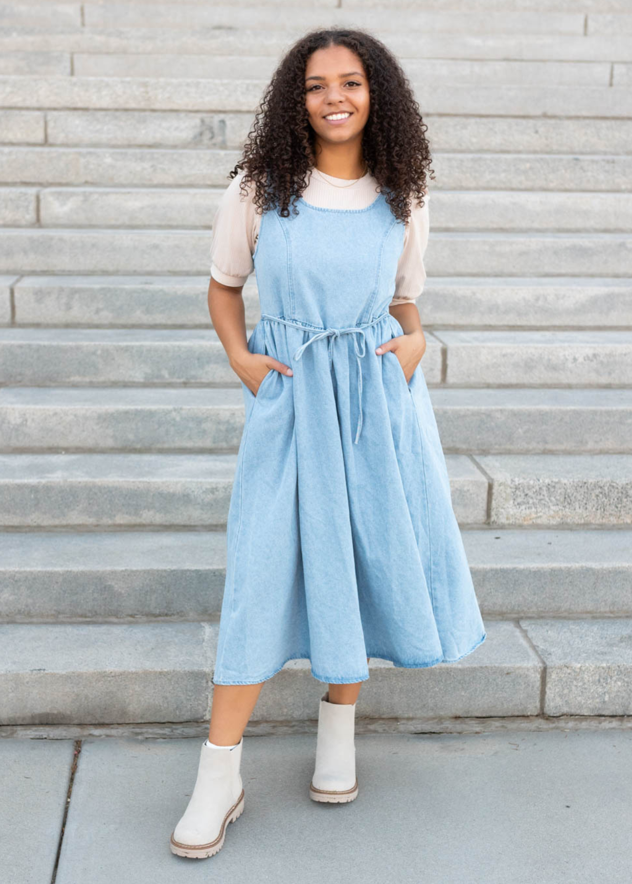 Light denim jumper dress with pockets