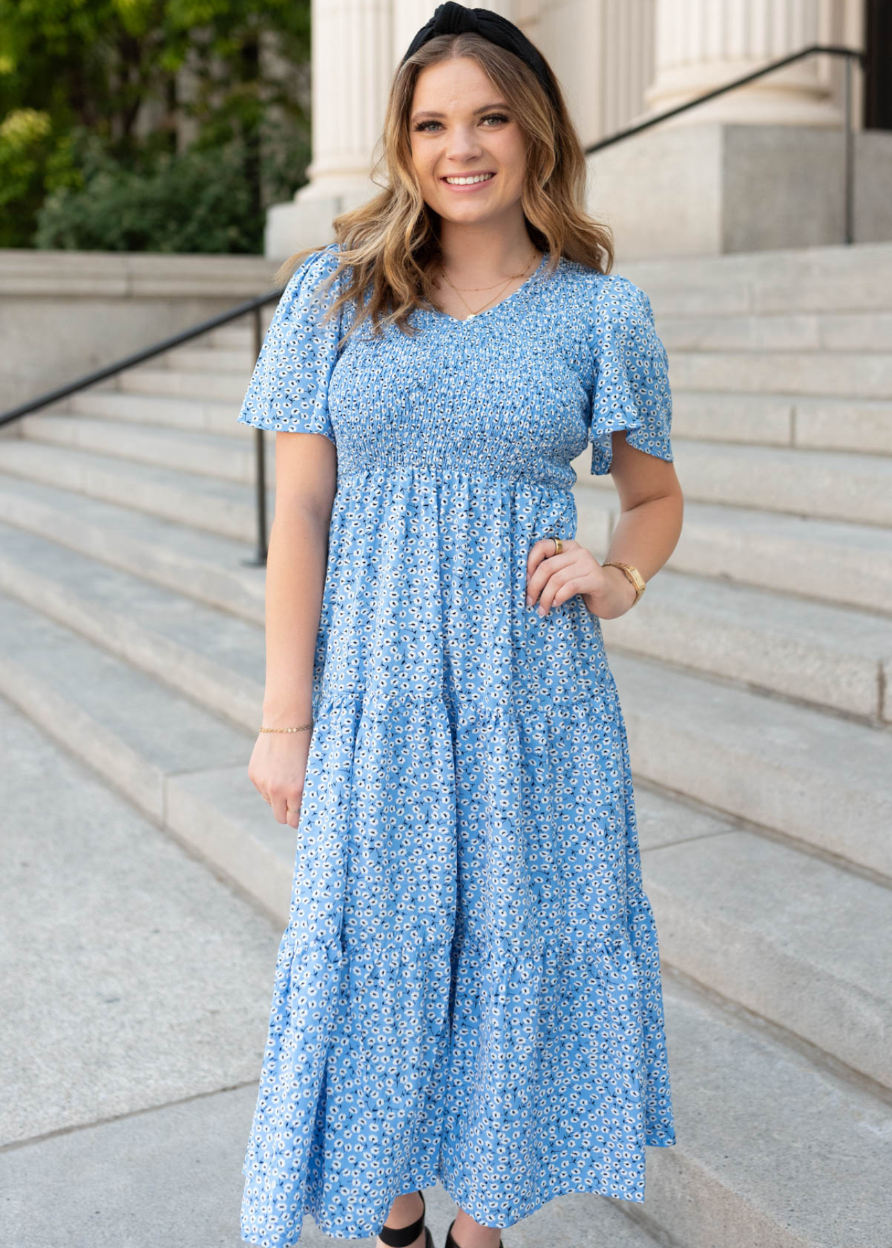 Smocked blue floral v-neck dress