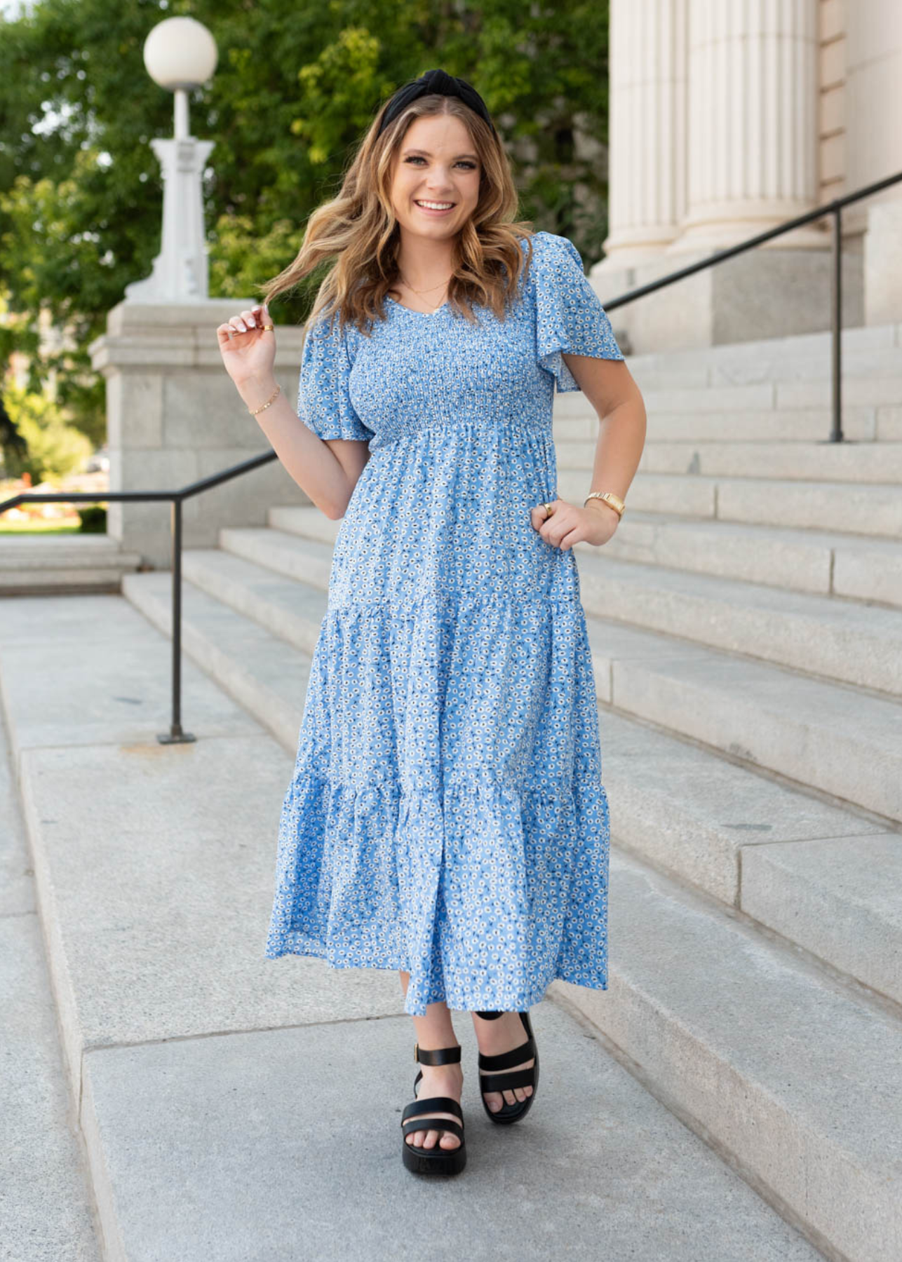 Blue floral v-neck dress with short sleeves