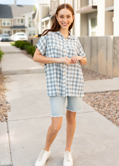 Navy button down top