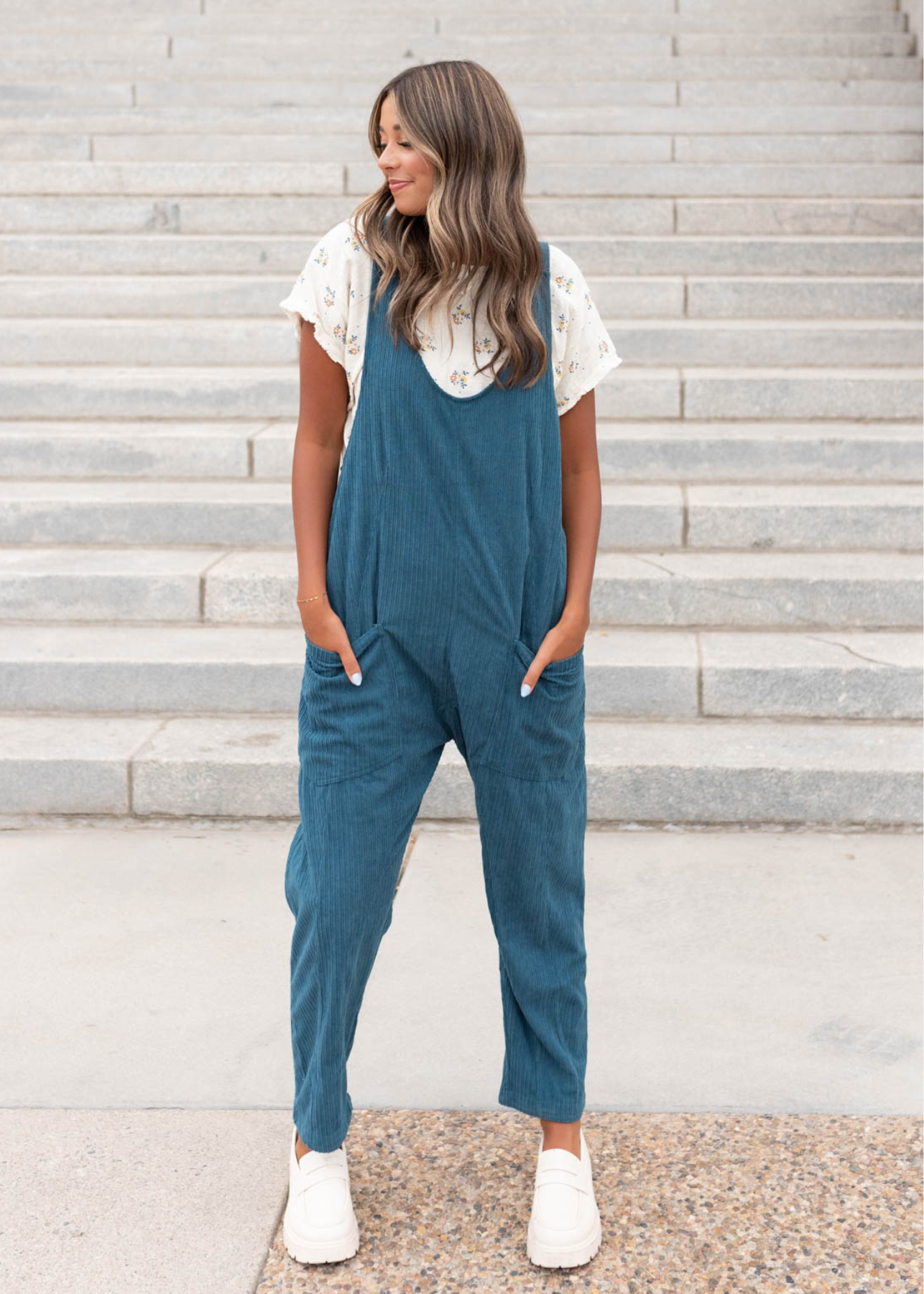 Deep aqua corduroy overalls with pockets