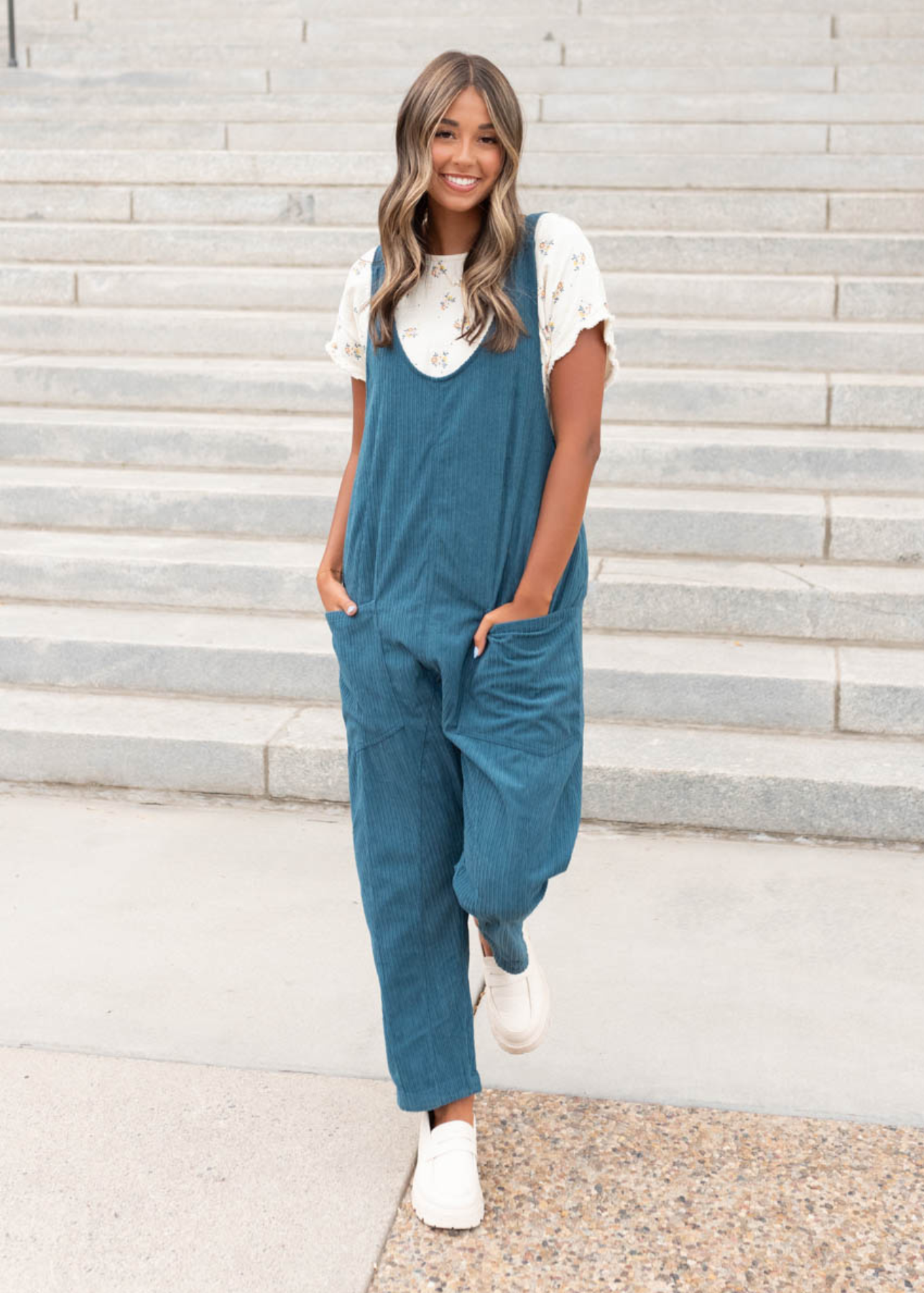 Deep aqua corduroy overalls