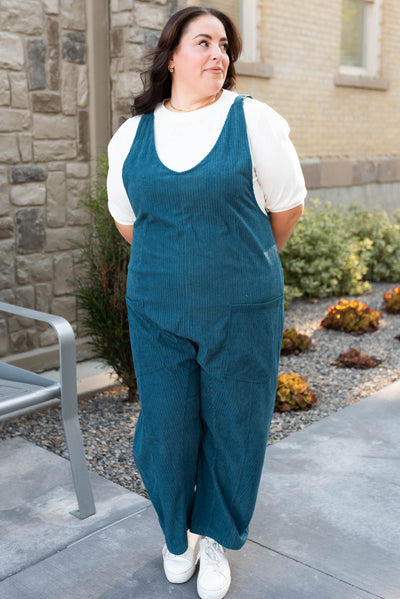 Wide leg plus size deep aqua corduroy overalls