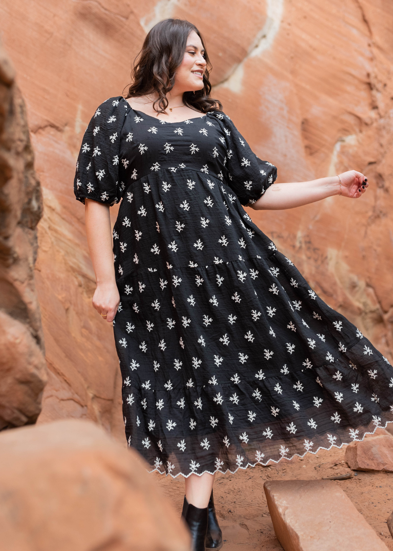 Short sleeve plus size black floral tiered dress