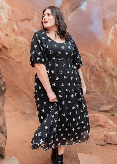 Plus size black foral tiered dress