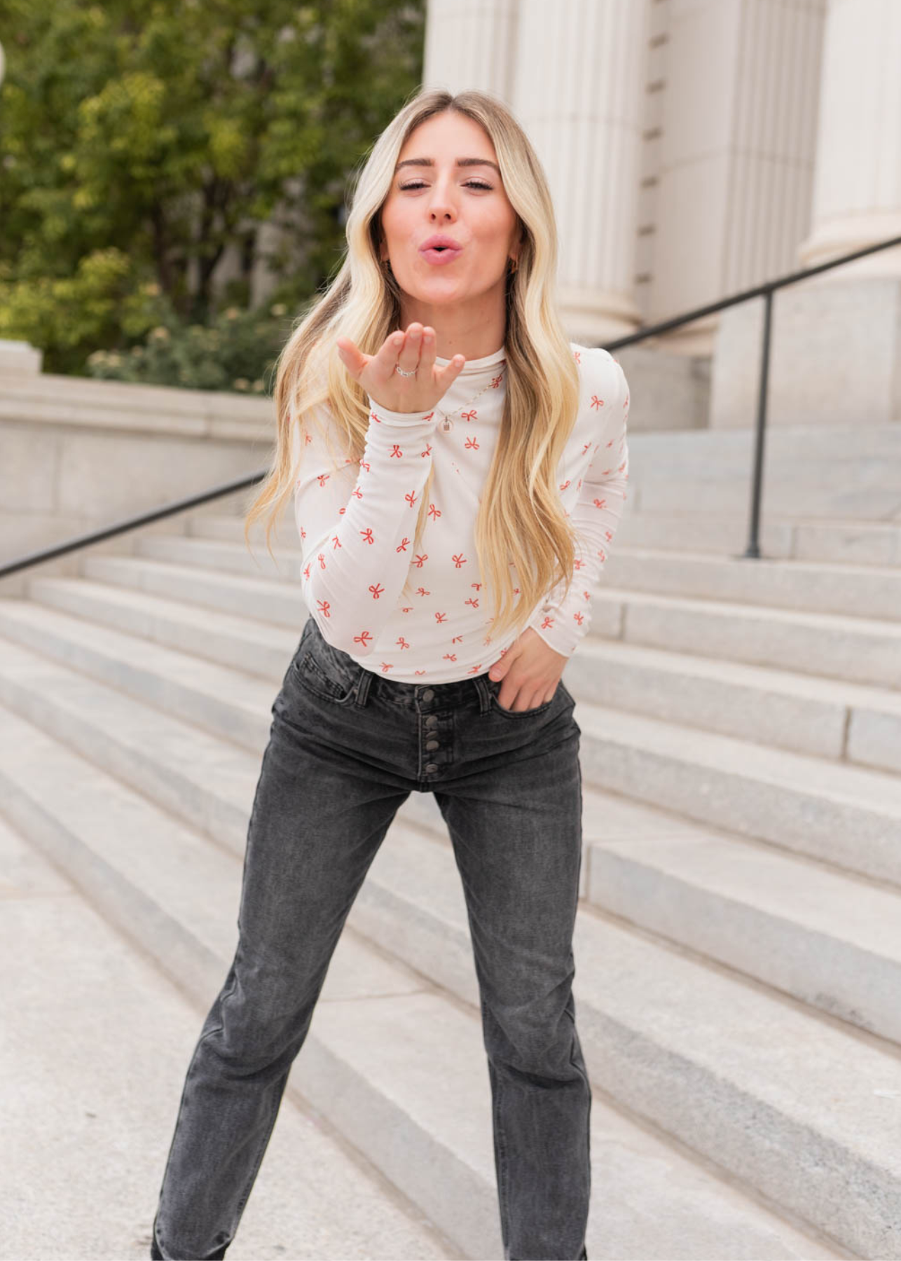 Ivory bow long sleeve top with sheer fabric