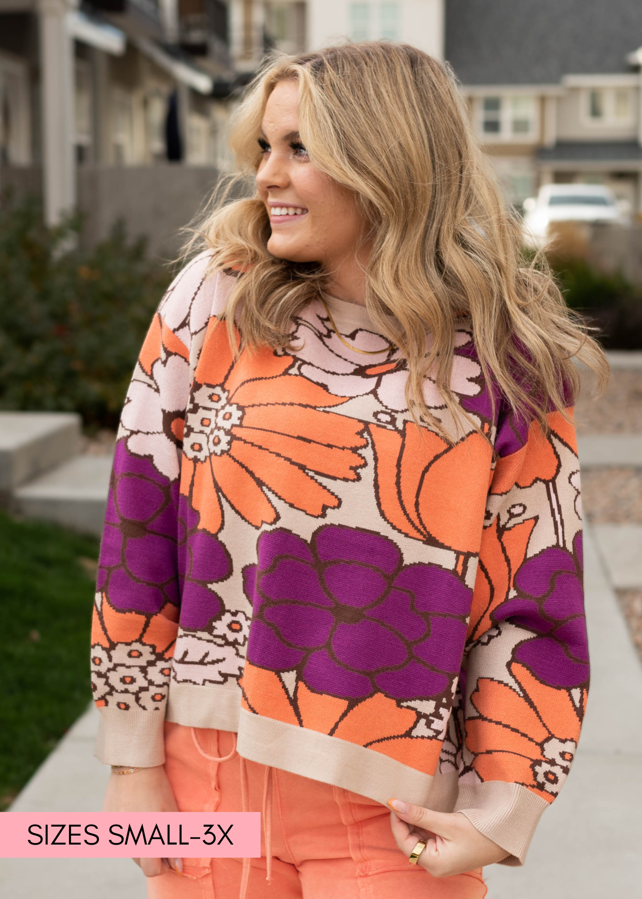 Long sleeve taupe floral sweater with plum and coral flowers