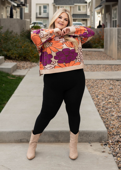 Long sleeve plus size taupe floral sweater