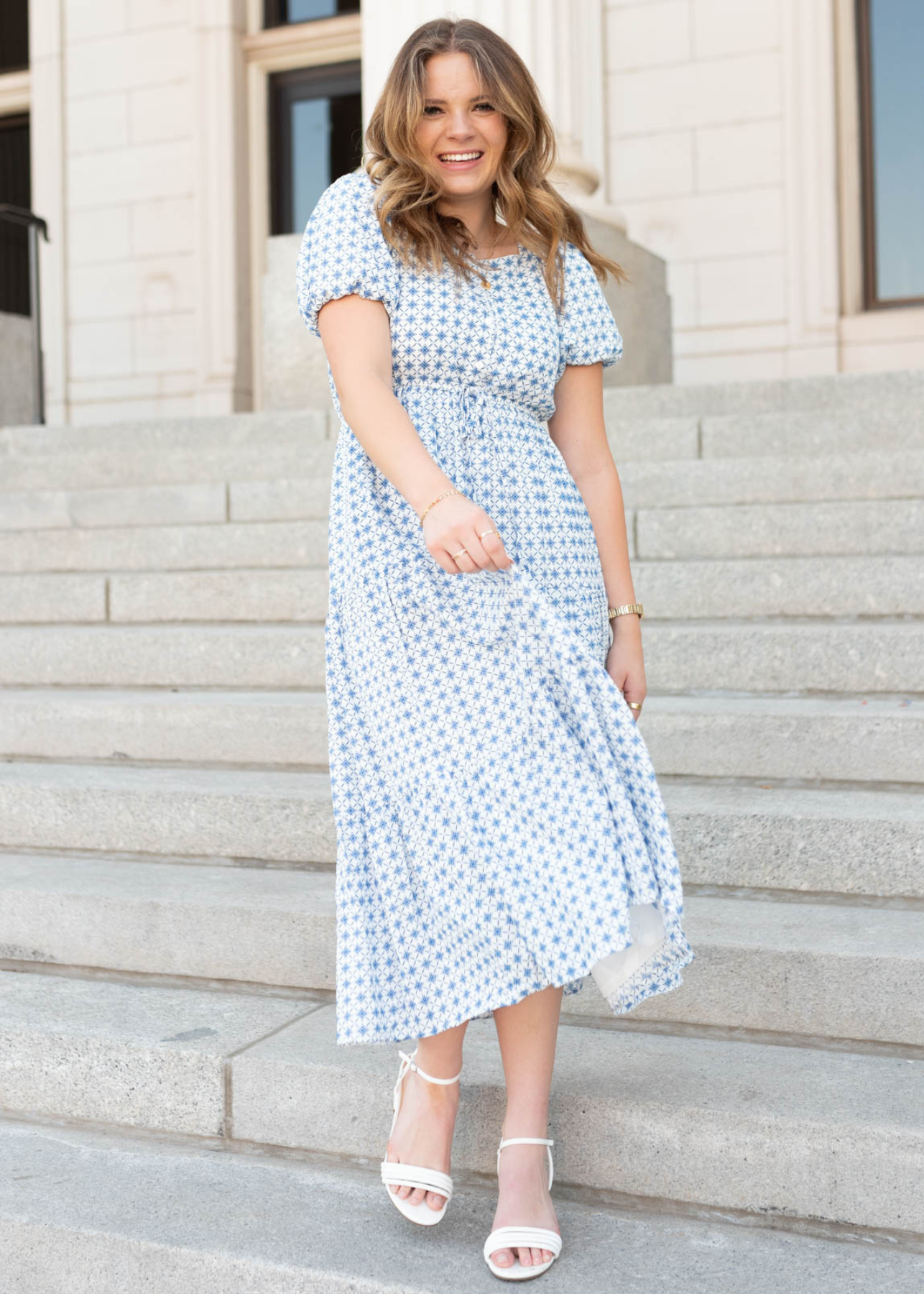 High waisted blue patterned dress