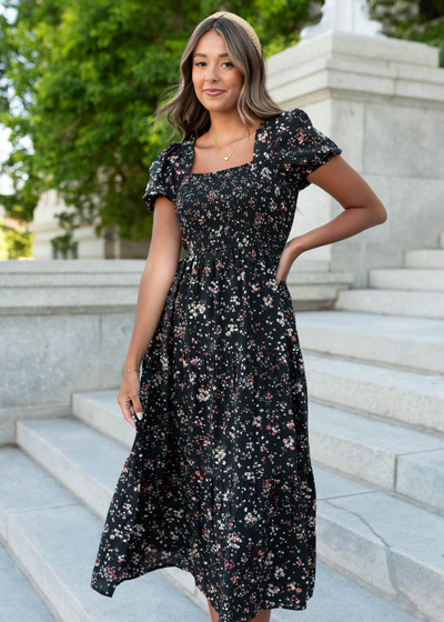 Short sleeve black floral tiered dress