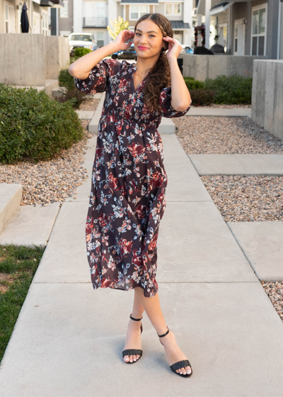 Short sleeve Dark Plum floral dress