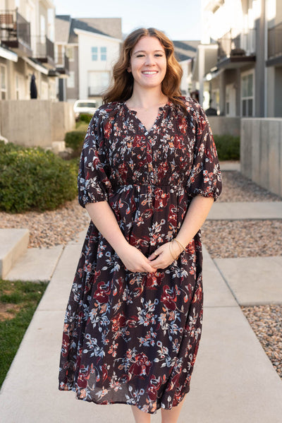 Short sleeve plus size dark plum floral dress