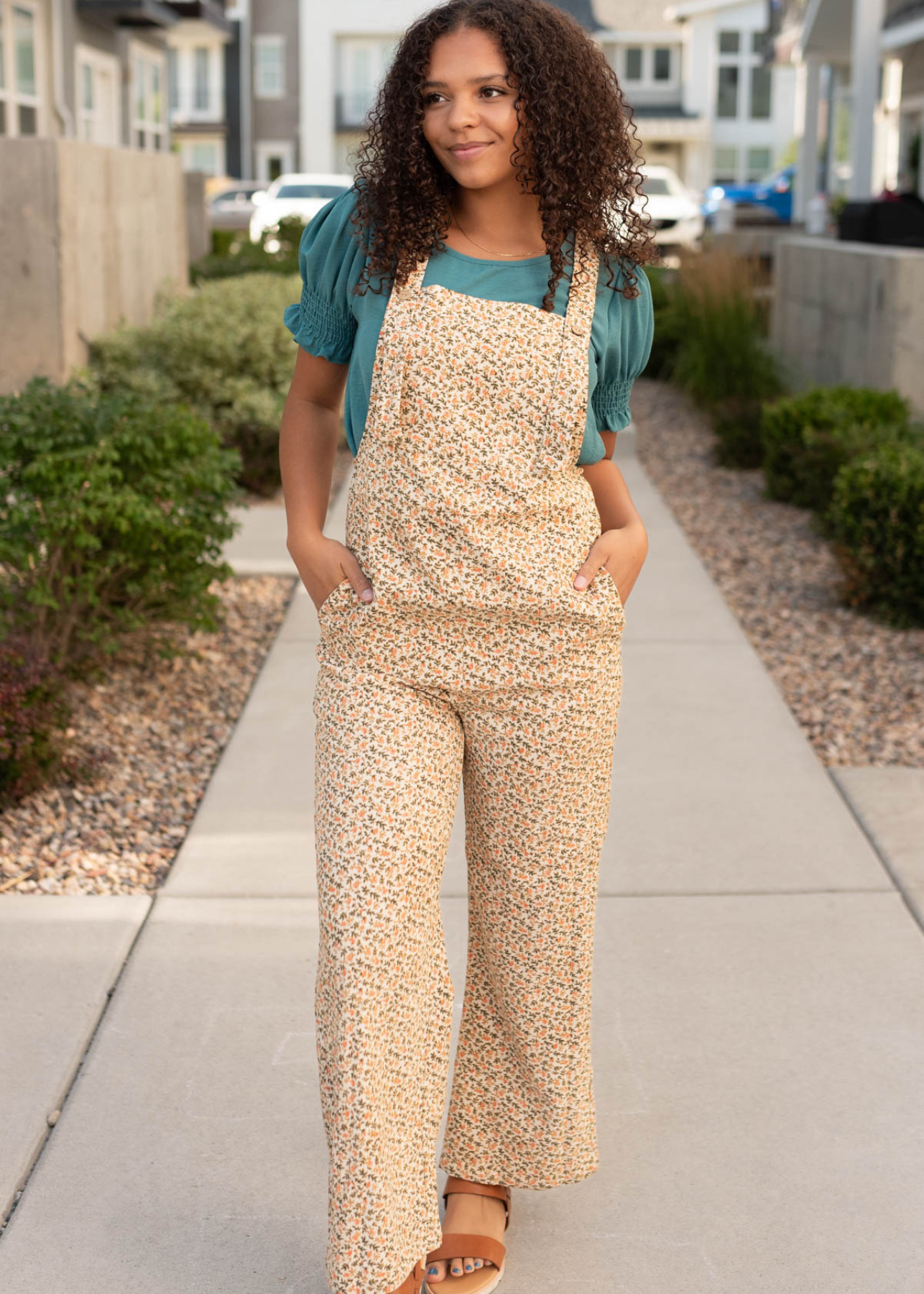 Button strap cream floral corduroy overalls with pockets