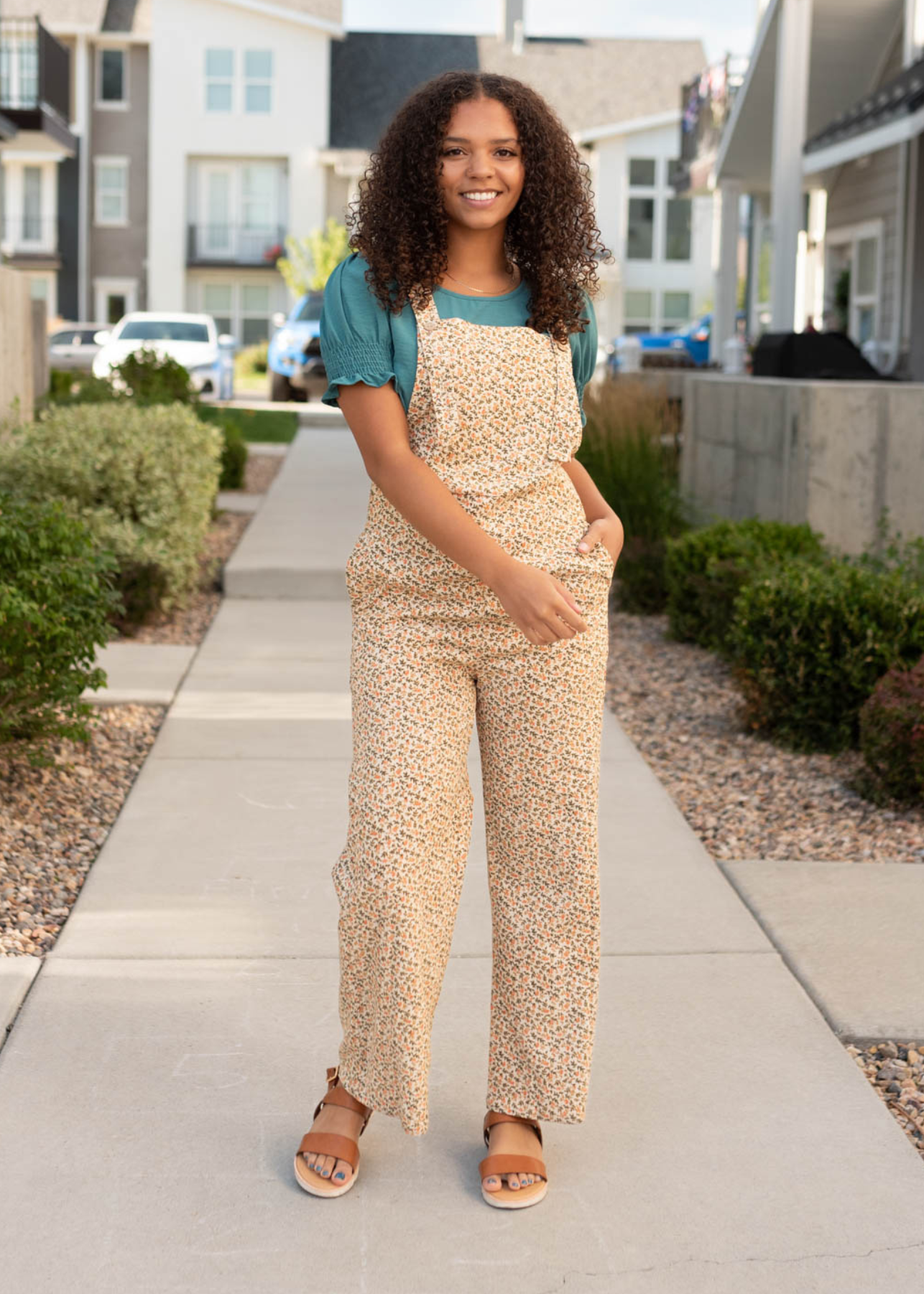 Cream floral corduroy overalls with pockets