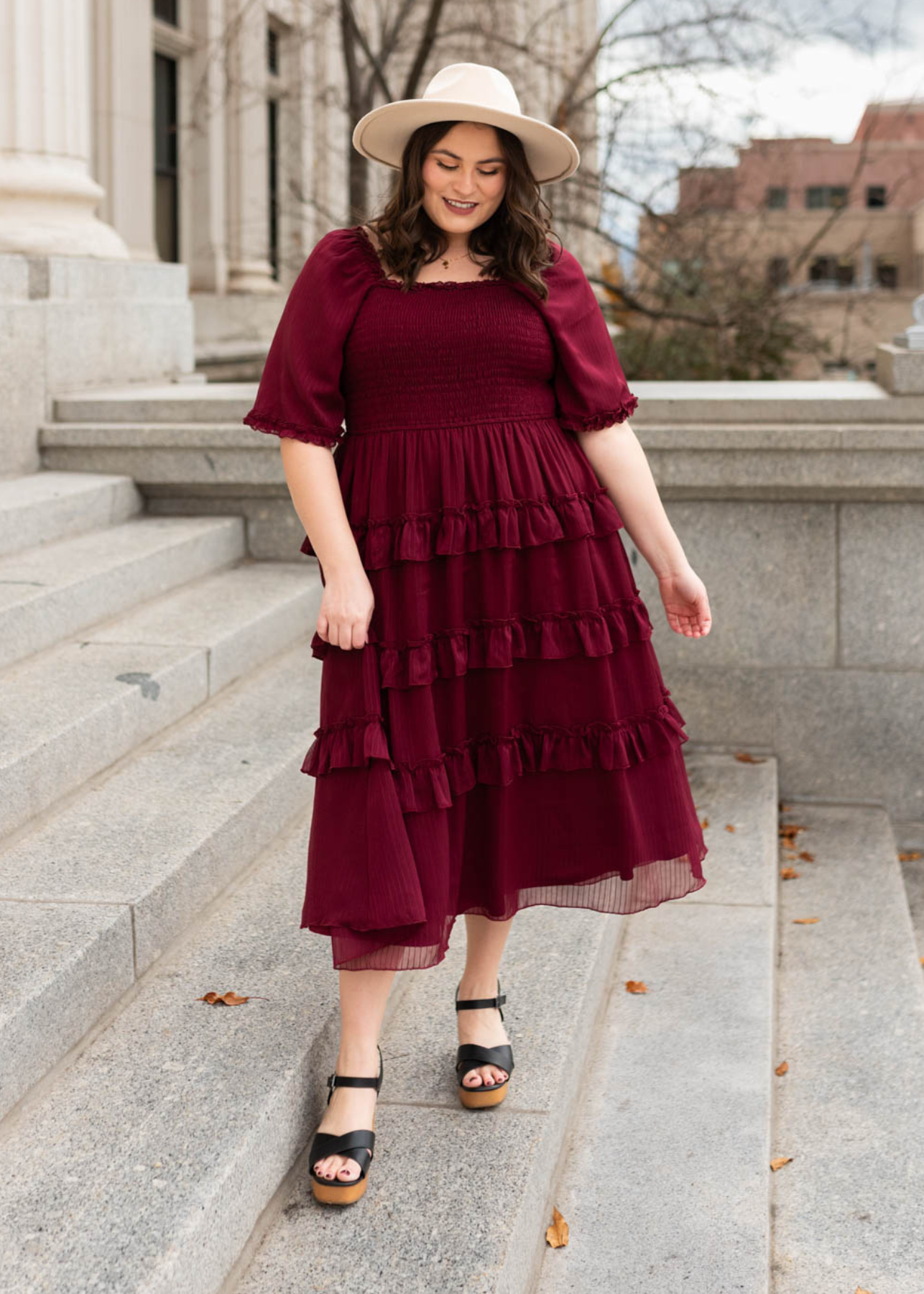 Plus size burgundy tiered dress