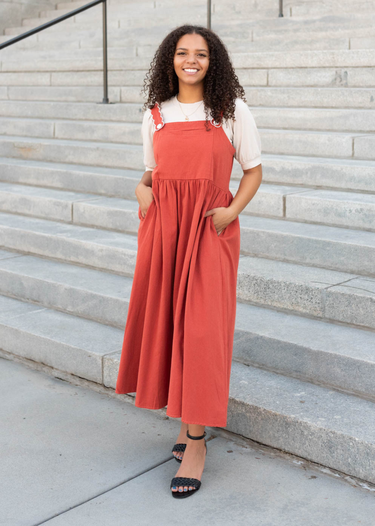 Burnt orange overall dress with button straps