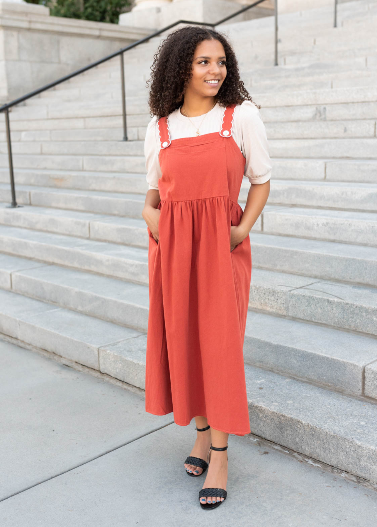 Burnt orange overall dress with pockets