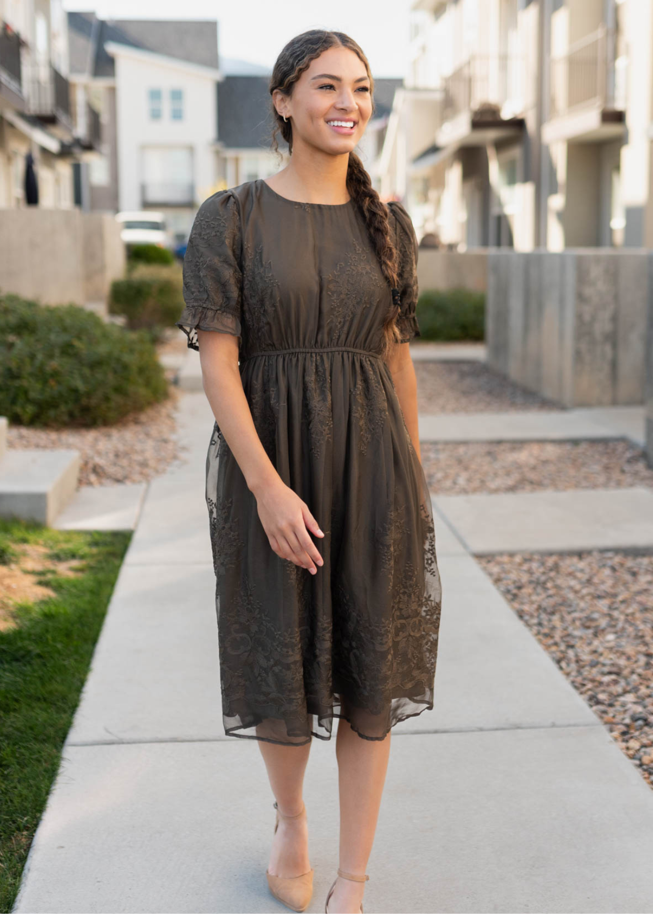 Dark olive embroidered dress with elastic waist