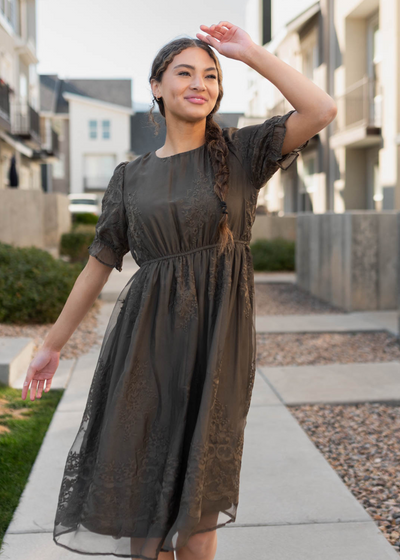 Short sleeve dark olive embroidered dress