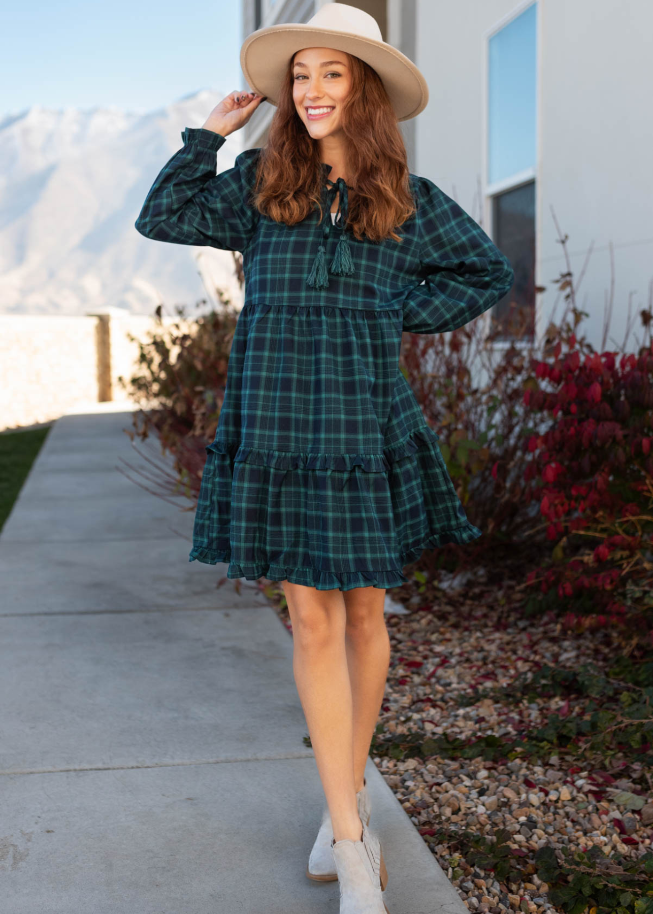 Long sleeve hunter green tiered dress