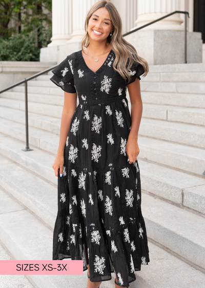 Black embroidered tiered dress with short ruffle sleeves