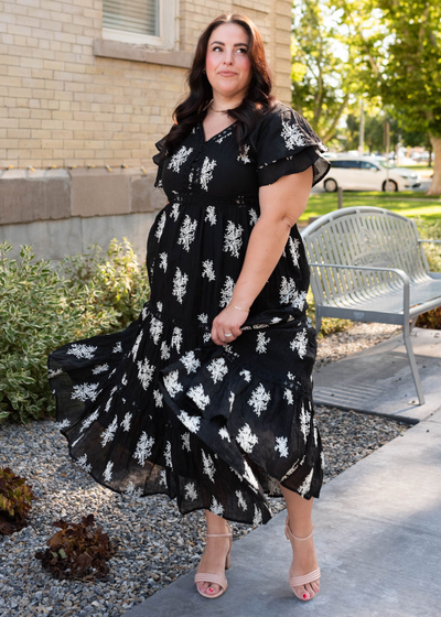 Black embroidered tiered dress with short ruffle sleeves