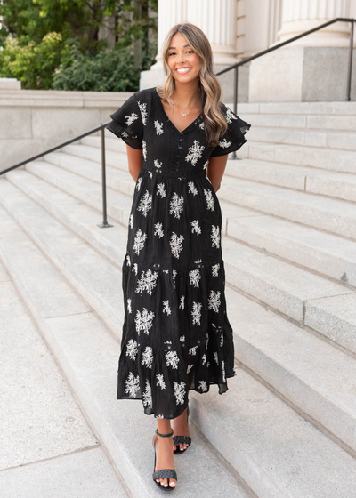 Short sleeve black embroidered tiered dress