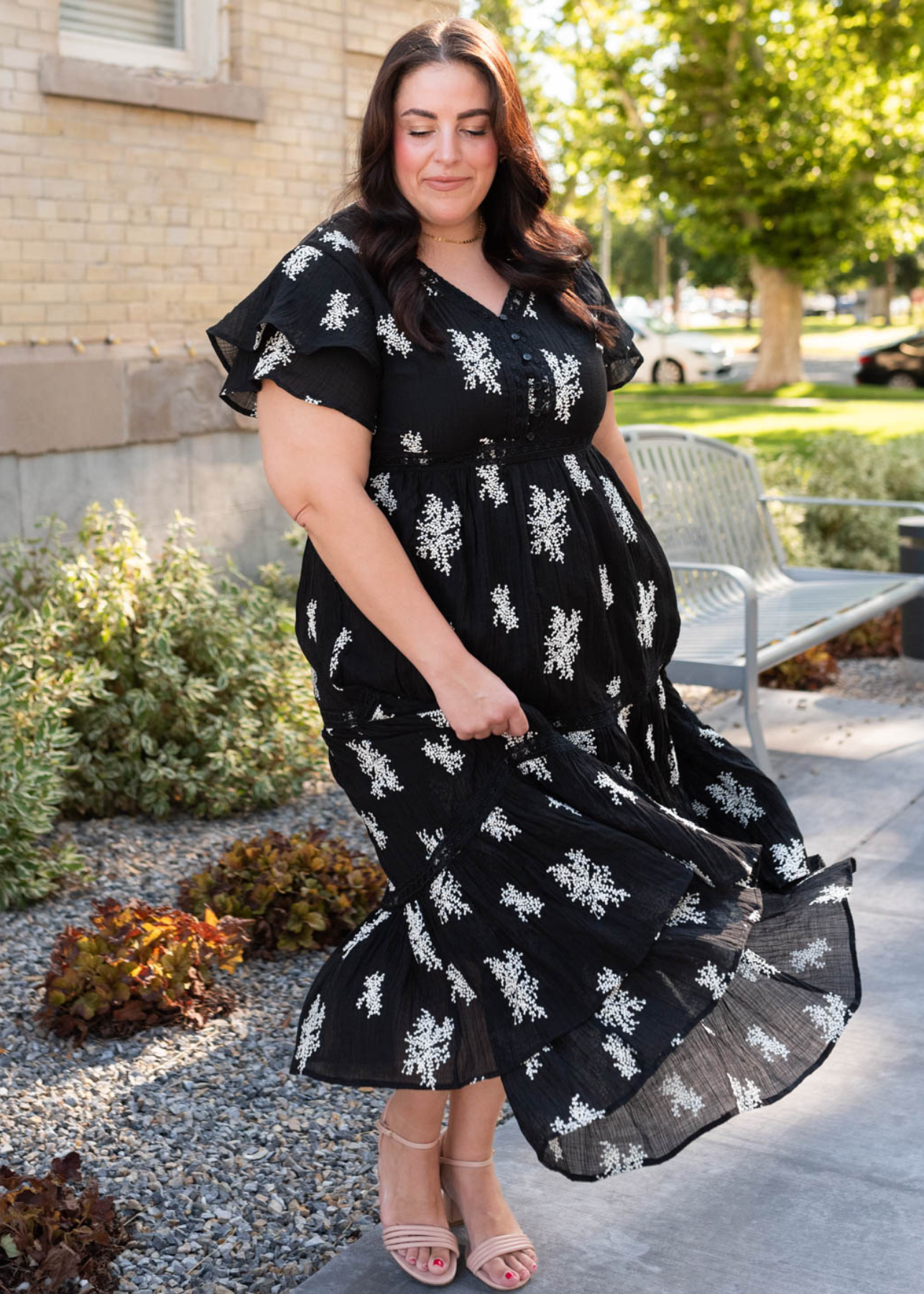 Short ruffle sleeve black embroidered tiered dress