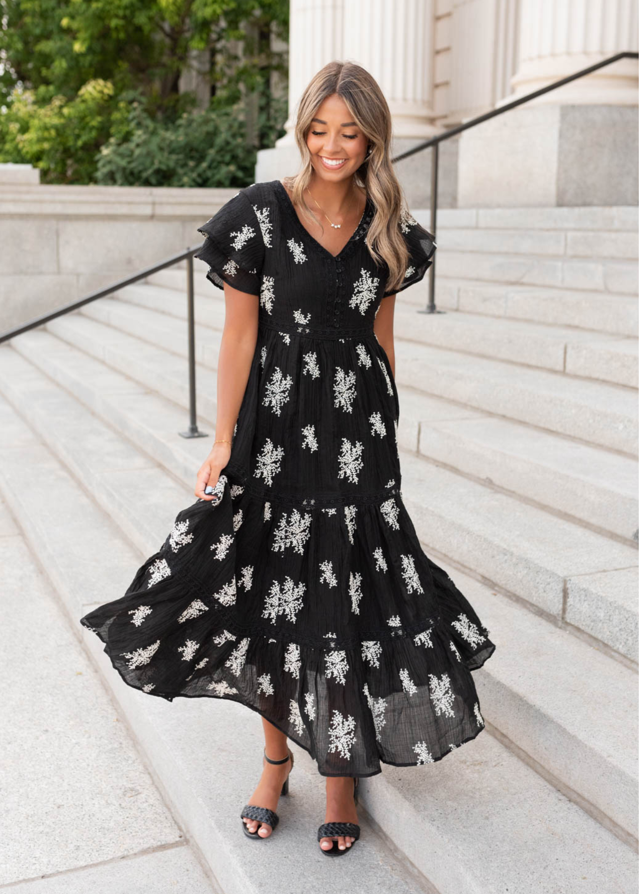 Black embroidered tiered dress