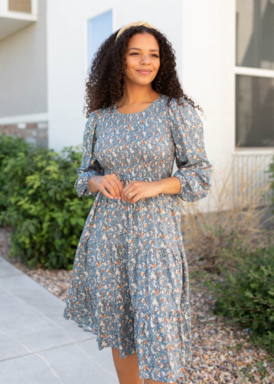 Blue floral smocked dress with smocked bodice