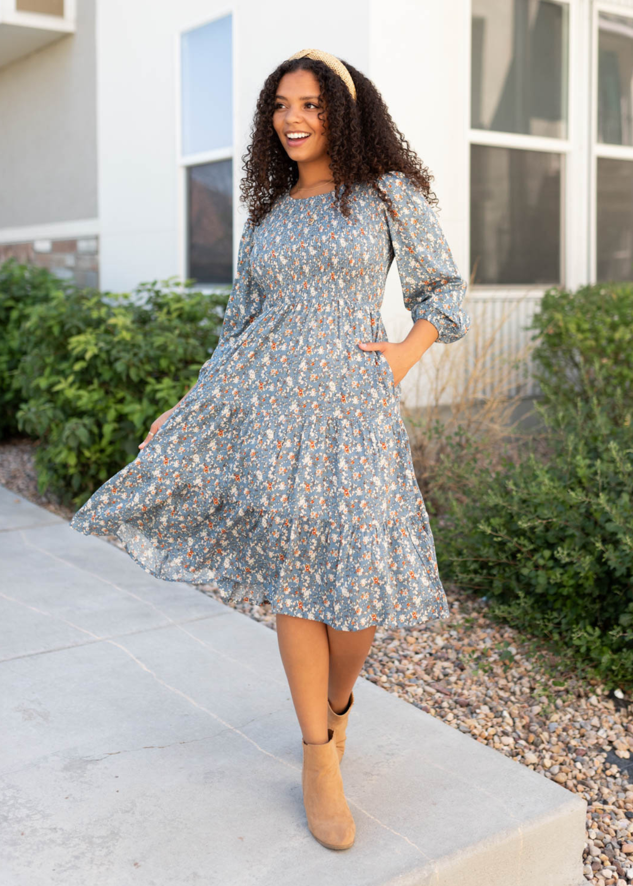 3/4 sleeve blue floral smocked dress