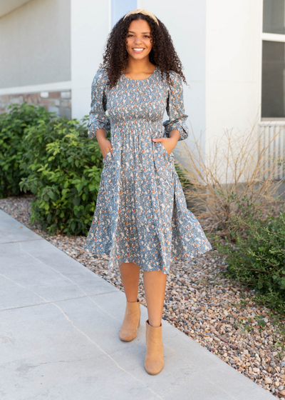 Blue floral smocked dress