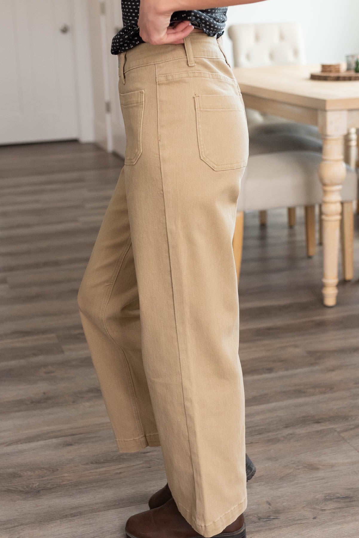 Side view of the sand stone wide leg pants