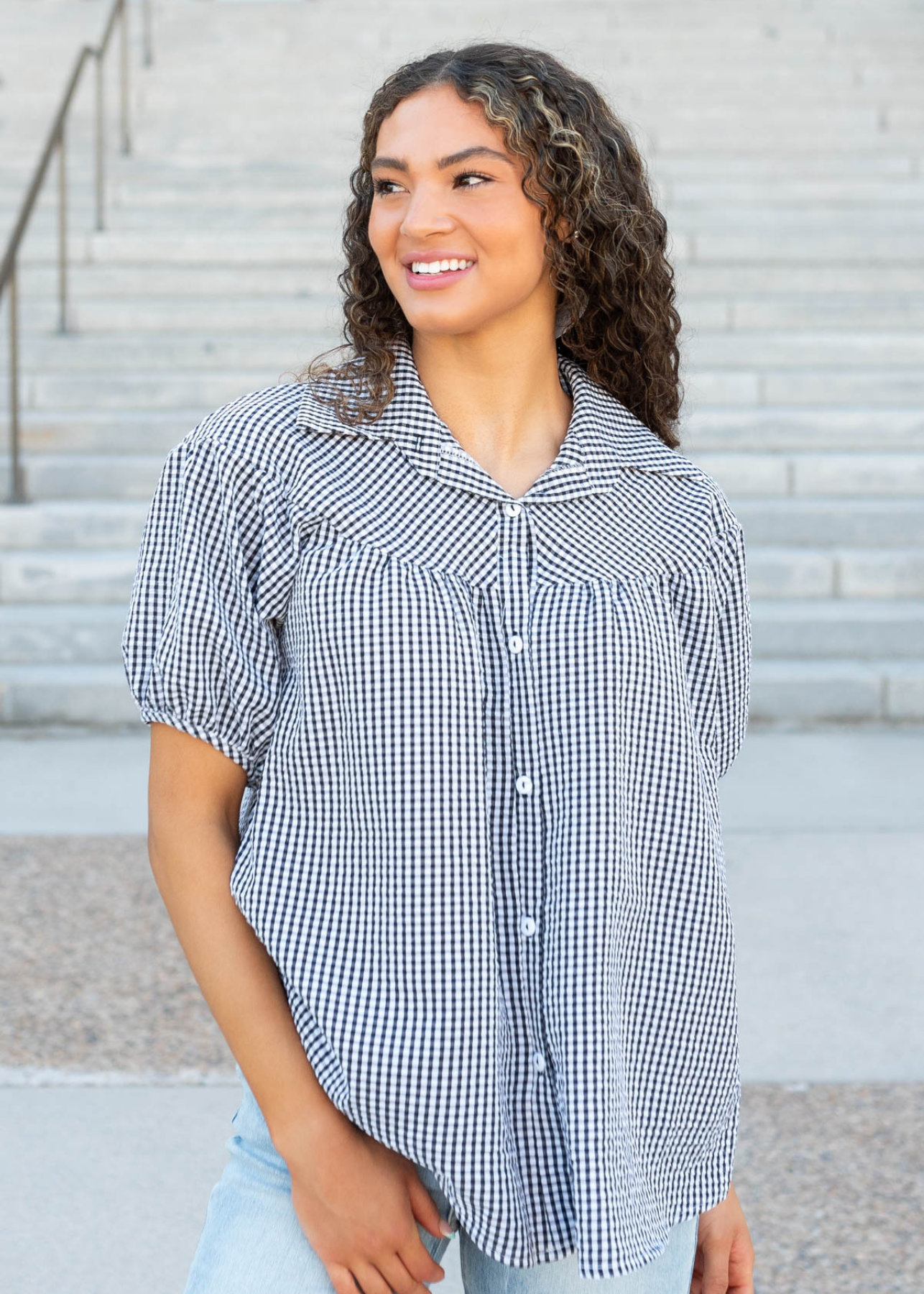 Black plaid collared top with puff sleeves