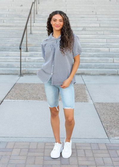 Button up black plaid collard top