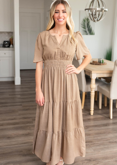 Pale brown tiered dress with tiered skirt