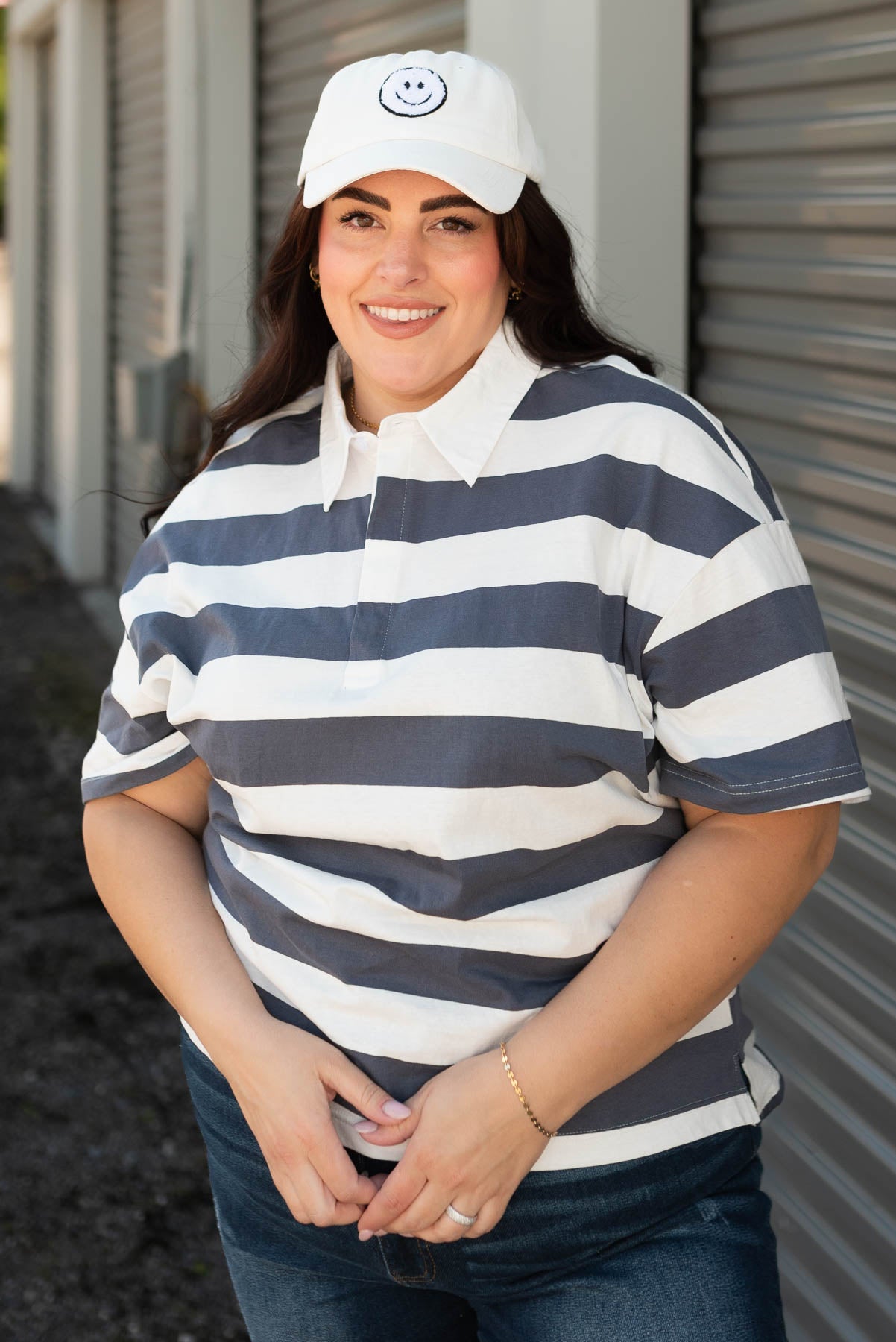 Plus size dusty navy polo top with white collar