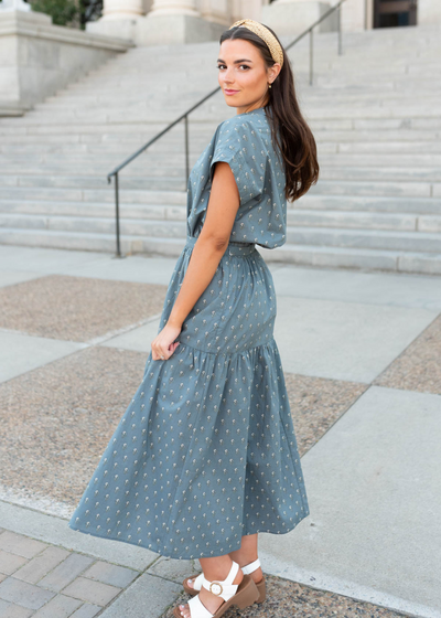 Side view of the steel blue floral skirt