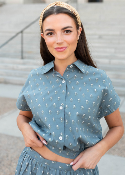 Button up steel blue floral top