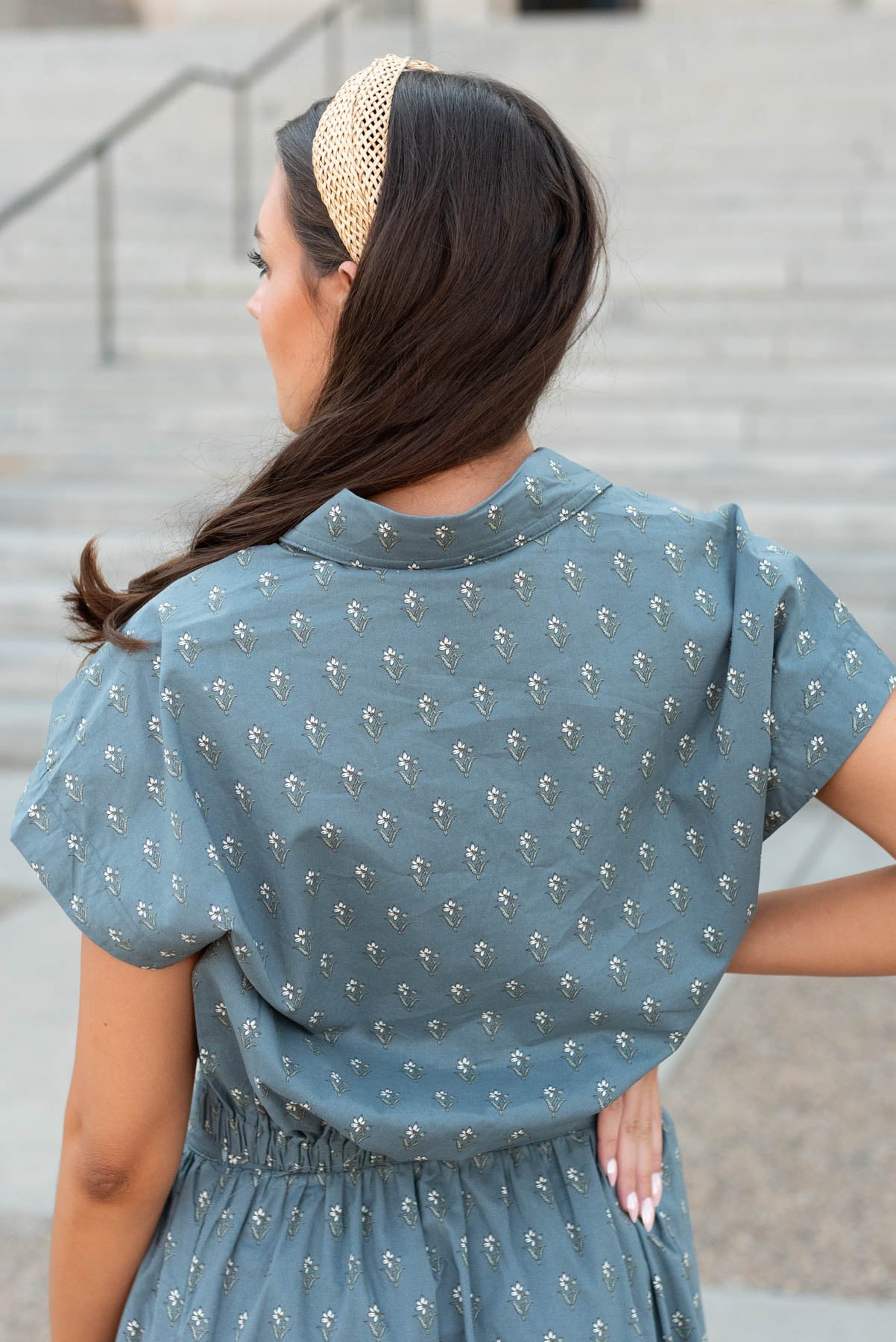 Back view of the steel blue floral top