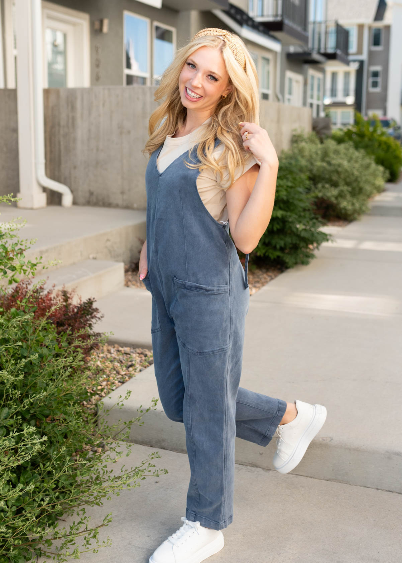 Blueberry denim overalls with front pockets